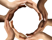 Hands of many colors forming a circle